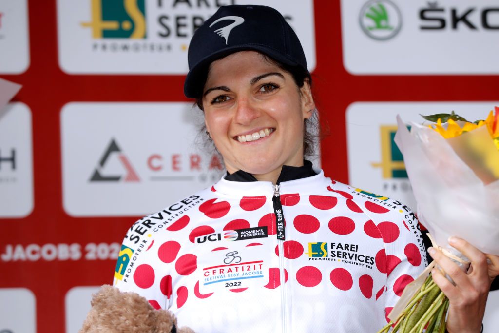 GARNICH LUXEMBOURG MAY 01 Debora Silvestri of Italy and Team Top Girls Fassa Bortolo celebrates at podium as Polka Dot Mountain Jersey winner during the 14th Ceratizit Festival Elsy Jacobs 2022 Stage 2 a 1093km stage from Garnich to Garnich felsy on May 01 2022 in Garnich Luxembourg Photo by Bas CzerwinskiGetty Images