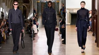 Split image of models at the Tory Burch, Victoria Beckham, and Bevza fall 2024 show wearing dark wash denim looks