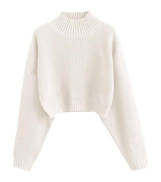 Zaful Women's Cropped Turtleneck Sweater Lantern Sleeve Ribbed Knit Pullover Sweater Jumper (0-White, L)