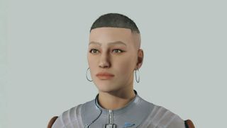 Starfield character creation - a woman with buzzed hair and hoop earrings on a teal background