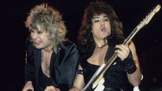 English musician Ozzy Osbourne and Jake E Lee perform in concert, New York, New York, circa 1986. 