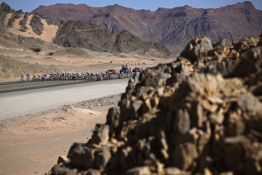ALULA CAMEL CUP TRACK SAUDI ARABIA FEBRUARY 01 A general view of the peloton competing during the 5th AlUla Tour 2025 Stage 5 a 1696km stage from AlUla Camel Cup Track to AlUla Camel Cup Track on February 01 2025 in AlUla Saudi Arabia Photo by Szymon GruchalskiGetty Images