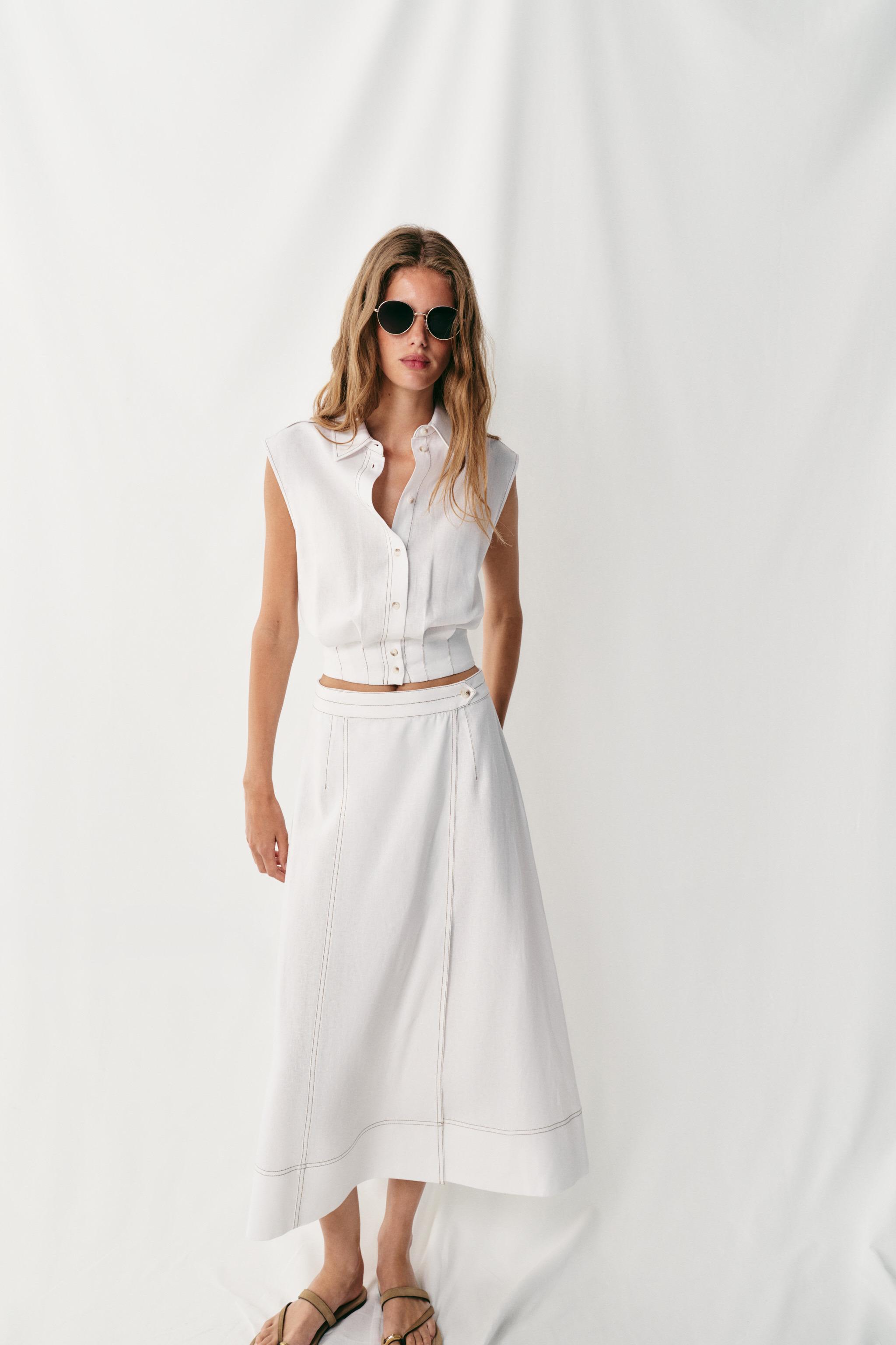 Linen Blend Topstitched Wrap Skirt - White - Xs