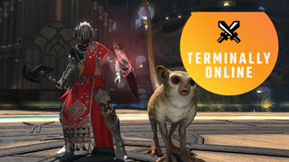 A beastmaster stands, ready, with their opo-opo companion in Final Fantasy 14.