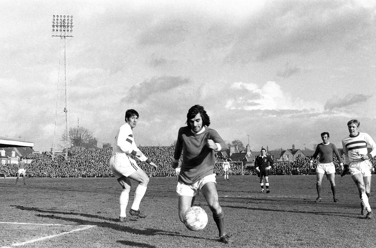 George Best in action for Manchester United against Northampton Town in the FA Cup at the County Ground, Northampton, February 1970