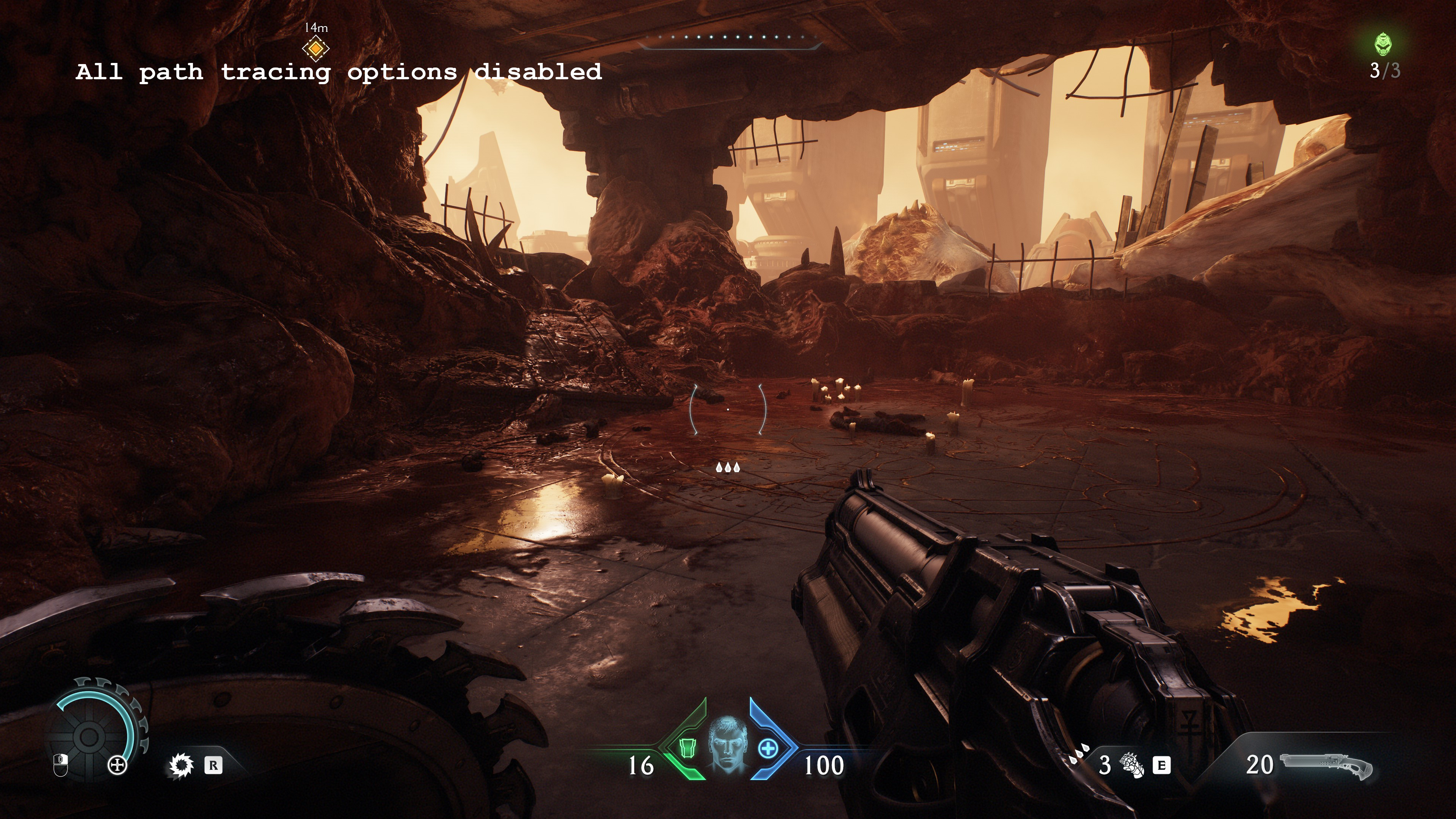 A screenshot of the PC version of Doom: The Dark Ages, showing the visual impact of using standard ray tracing