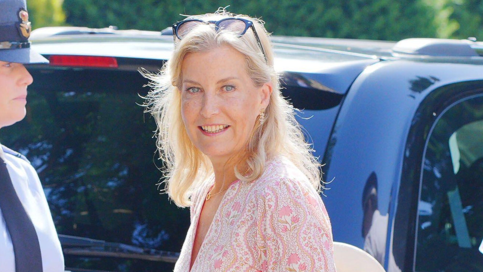 Duchess Sophie smiles as she arrives at Government House in Jersey