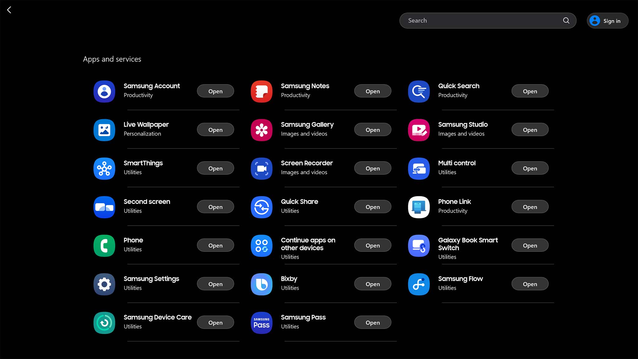 Image showing all 20 of the Samsung apps and services that come installed on Galaxy Book5 Pro 360.