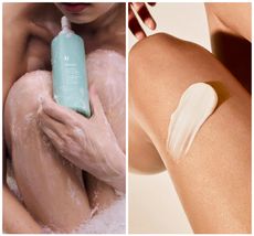 collage of woman in shower with glossier body wash woman's leg with lotion with white border
