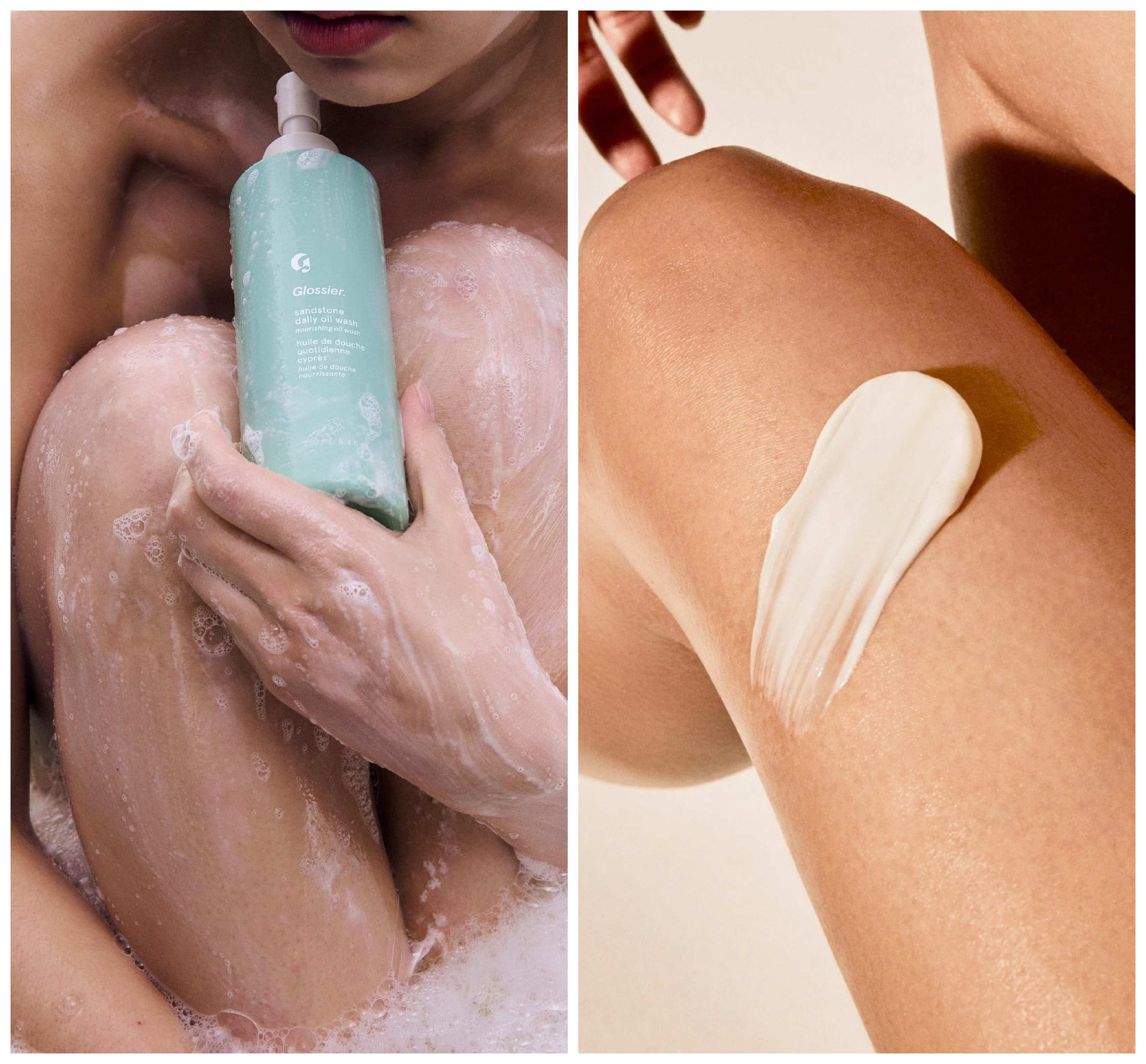 collage of woman in shower with glossier body wash woman&#039;s leg with lotion with white border