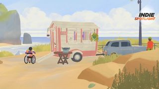 Tiny Bookshop screenshot showing the small bookshop attached the back of a car on a beach where customers are heading in to purchase books. 