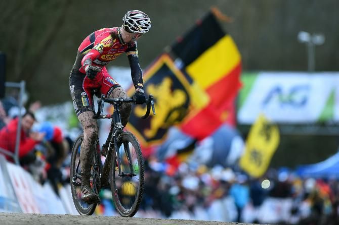 Klaas Vantornaout looks back as he neras the finish.