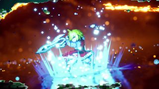 A glowing pixel-art figure with bright green hair rises from a burst of icy blue light, surrounded by floating sparks against a dark, fiery backdrop.