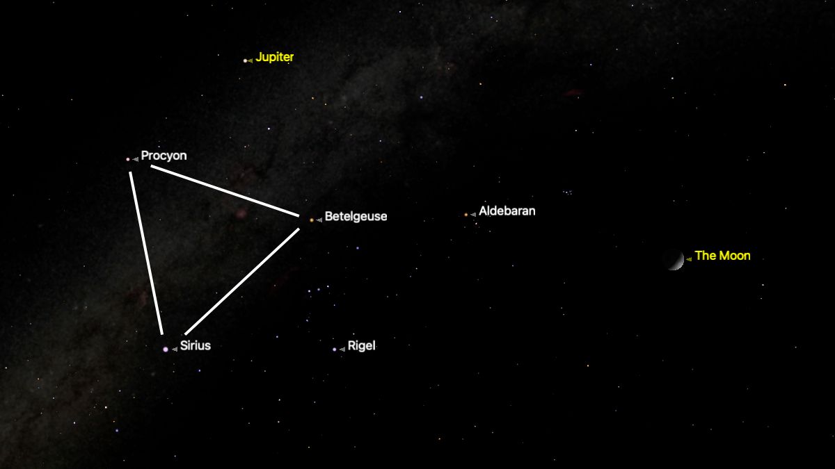 A simulation of the night sky for Feb. 22 showing the three stars of the Winter Triangle asterism &amp;mdash; Procyon, Sirius and Betelgeuse &amp;mdash; connected by a white line.