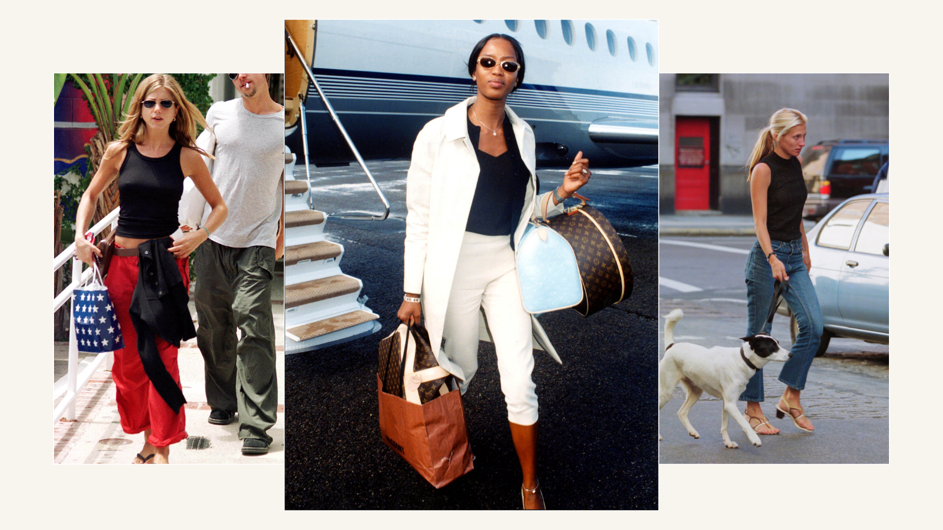 Jennifer Aniston, Naomi Campbell. and Carolyn Bessette Kennedy in spring outfits. 