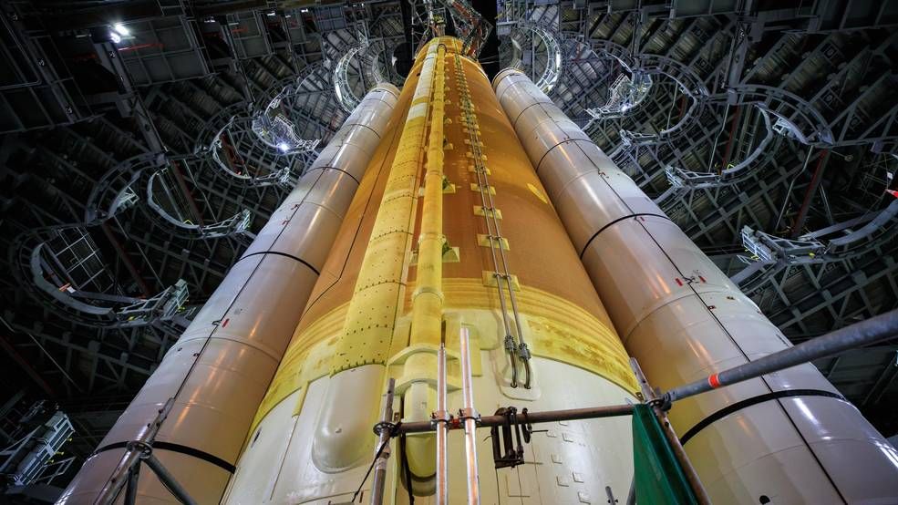 A close-up view of NASA&#039;s Artemis 1 Space Launch System megarocket inside the Vehicle Assembly Building at NASA’s Kennedy Space Center in Florida on Sept. 20, 2021.