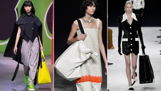 A composite of models on the runway showing fall/winter handbag trends 2023 xxl totes