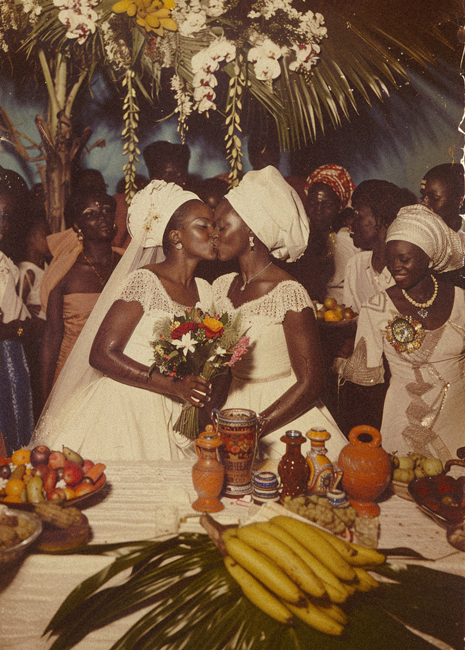 two women in white dresses kissing
