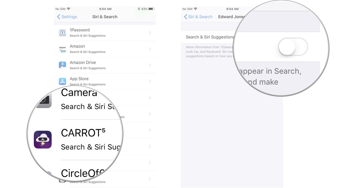Tap an app, then turn off Siri and Search