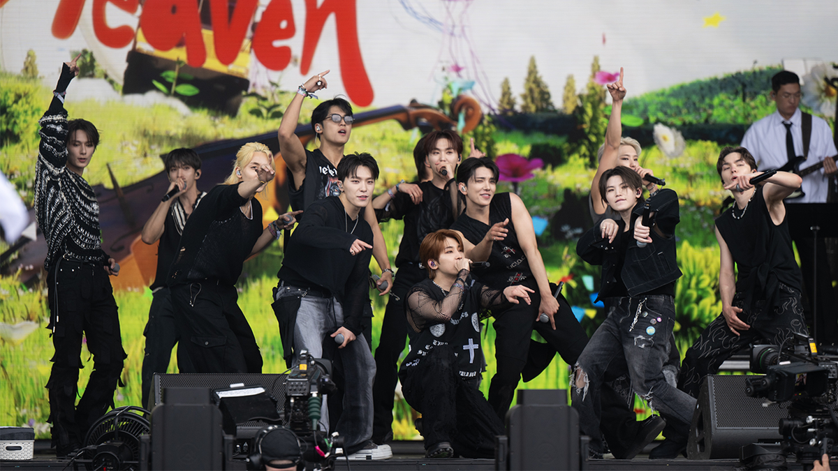 Members of K-Pop group Seventeen perform on the Pyramid Stage during day three of Glastonbury Festival 2024 at Worthy Farm, Pilton on June 28, 2024 in Glastonbury, England