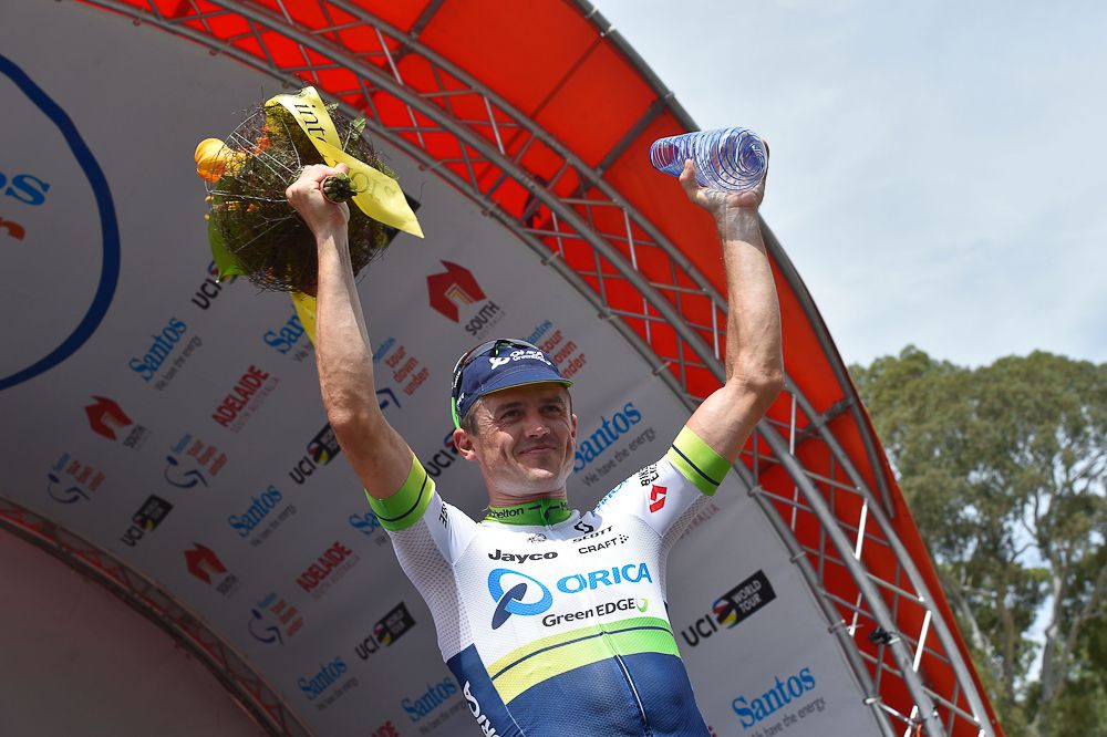 Simon Gerrans on the stage 3 podium at the Tour Down Under.