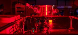 A photo of a laboratory with a laser setup