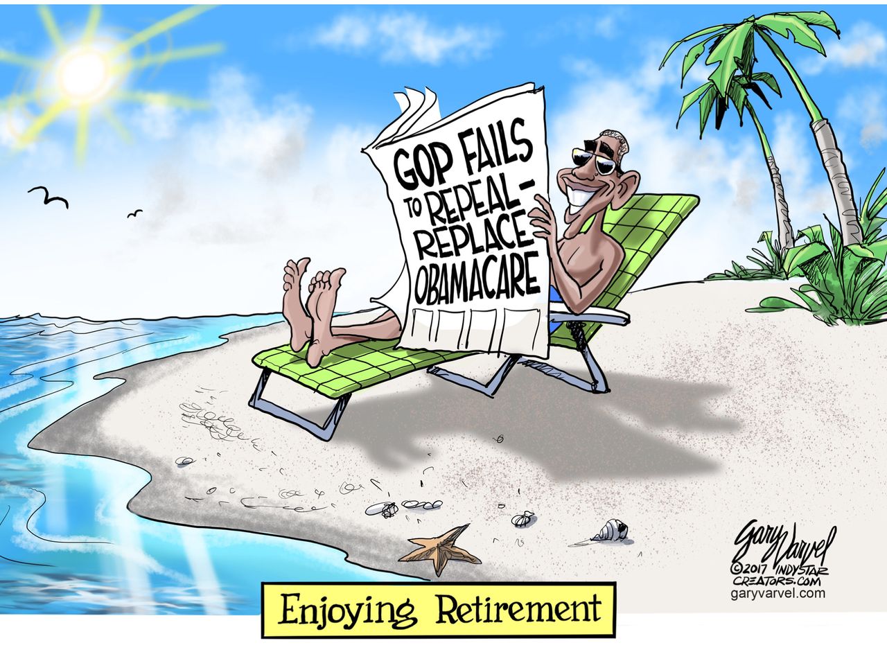 Political cartoon U.S. GOP health-care bill Obamacare Obama retirement