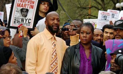 The parents of Trayvon Martin, the Florida teenager shot by a neighborhood watchman in Florida, protest with thousands of people in New York City.