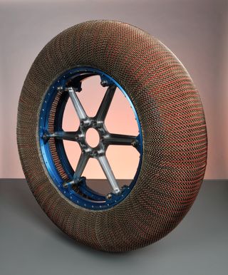 This wire-mesh tire may help future lunar rovers drive across the Moon.