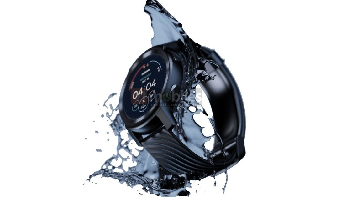 A render showing the Moto Watch 100 being splashed with water