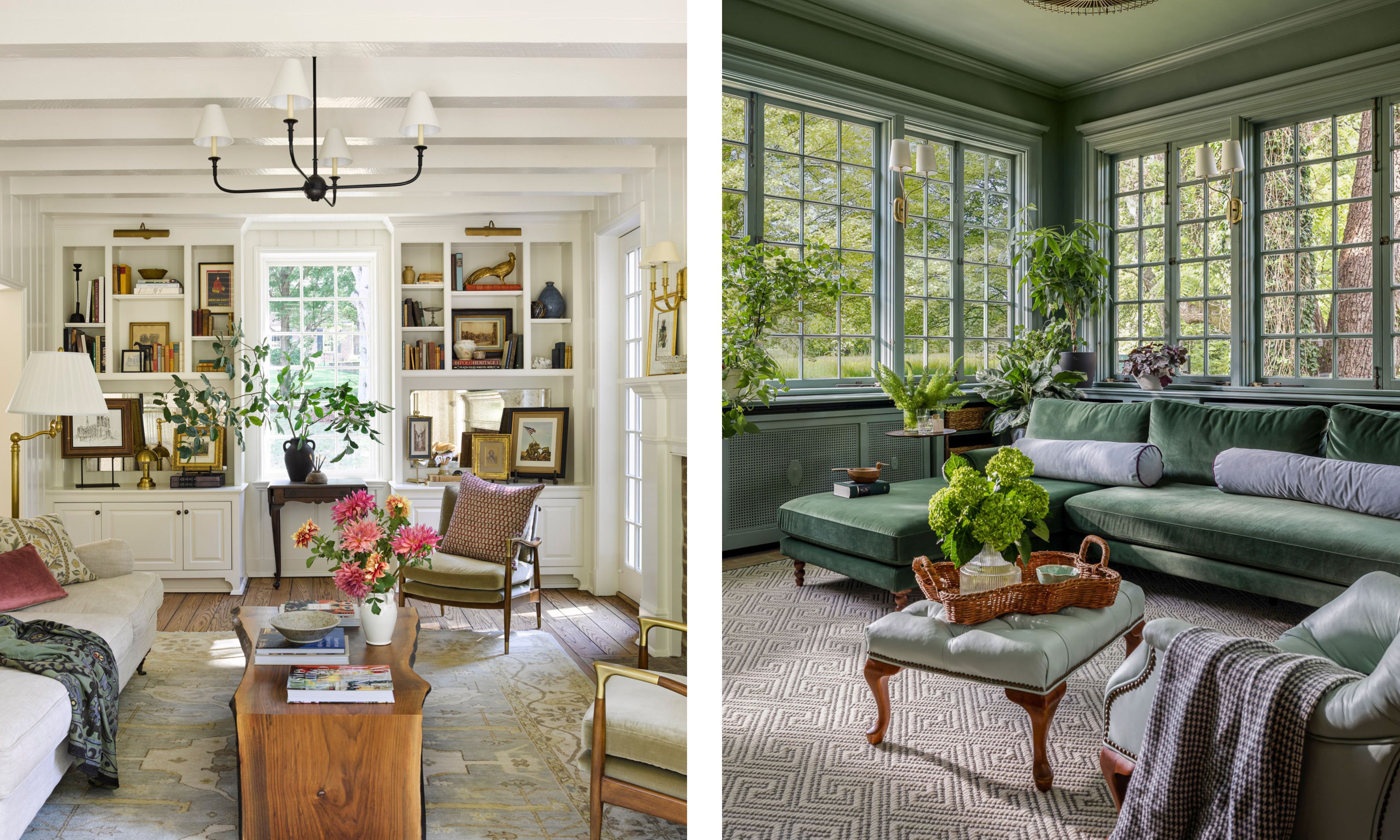 side by side living room interiors with a vintage collected neutral living room on the left and a soft green color drenched living room on the right with an L shaped couch