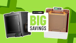 Elegoo Centauri Carbon and Halot X1 printers on a green background, behind a GamesRadar+ 'big savings' badge