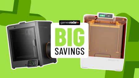 Elegoo Centauri Carbon and Halot X1 printers on a green background, behind a GamesRadar+ 'big savings' badge