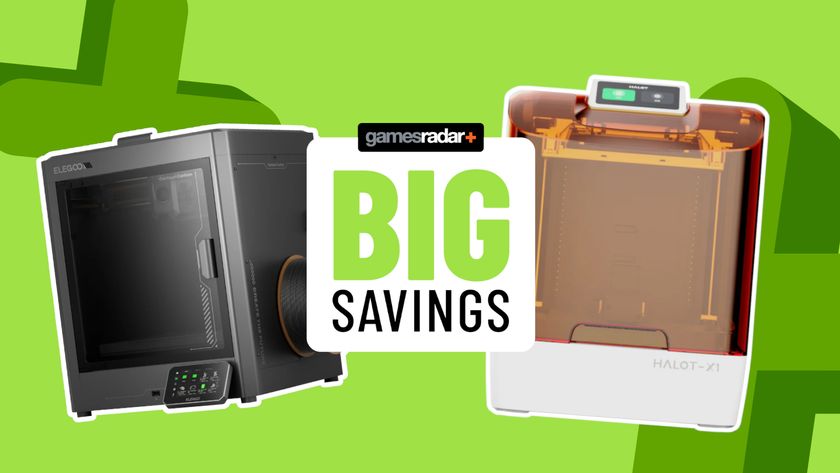 Elegoo Centauri Carbon and Halot X1 printers on a green background, behind a GamesRadar+ 'big savings' badge