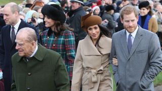 Prince William, Kate Middleton, Prince Philip, Meghan Markle and Prince Harry at the Christmas Day Church service at Church of St Mary Magdalene on December 25, 2017 in King's Lynn, England