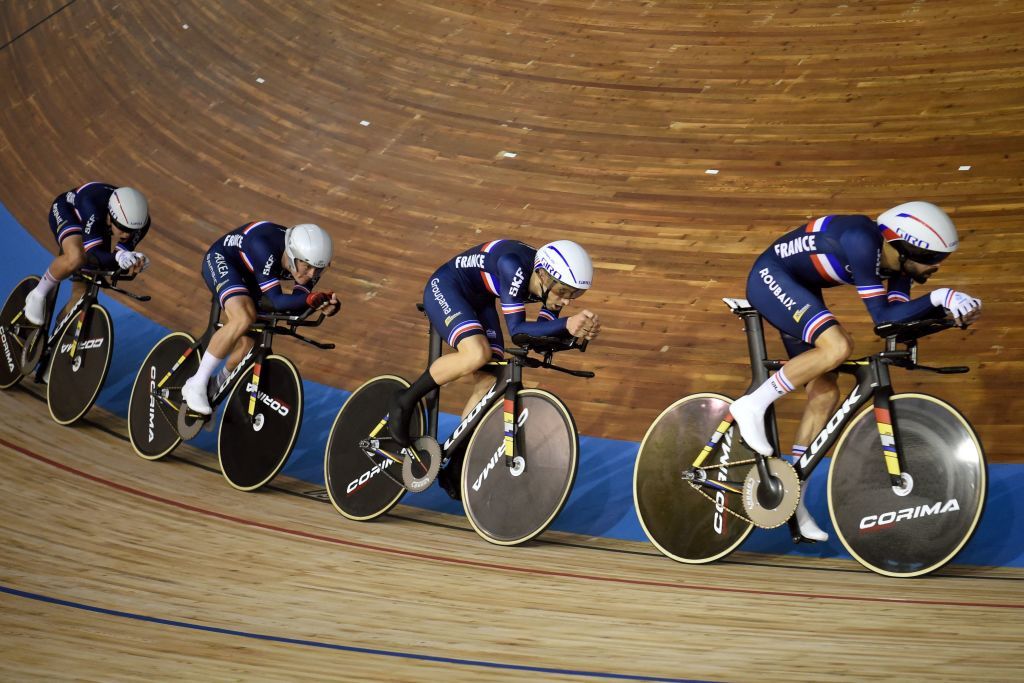 French teams members Thomas Boudat Thomas Denis Valentin Tabellion and Benjamin Thomas compete in the mens Team Pursuit qualifying during the UCI Track Cycling World Championships at JeanStablinski velodrome in Roubaix northern France on October 20 2021 Photo by FRANCOIS LO PRESTI AFP Photo by FRANCOIS LO PRESTIAFP via Getty Images