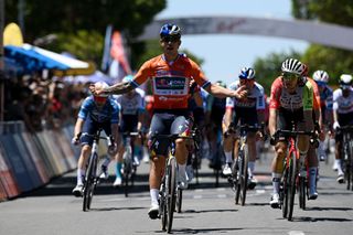 Sam Welsford of Australia and Team Red Bull BORA hansgrohe Orange Santos Leaders Jersey celebrates at finish line as stage winner during the 25th Santos Tour Down Under 2025 Stage 2 a 1288km stage from Tanunda to Tanunda 342m UCIWT on January 22 2025 in Tanunda Australia Photo by Dario BelingheriGetty Images