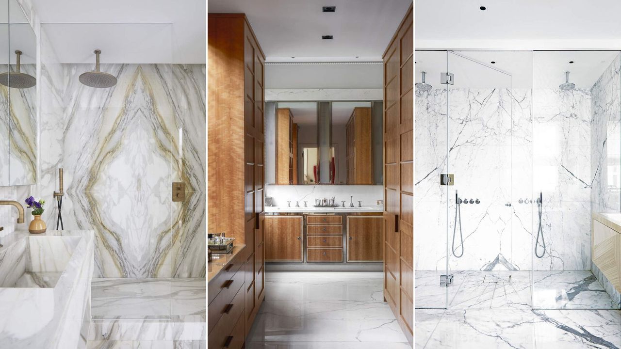 Three imagers of bathrooms with marble floors