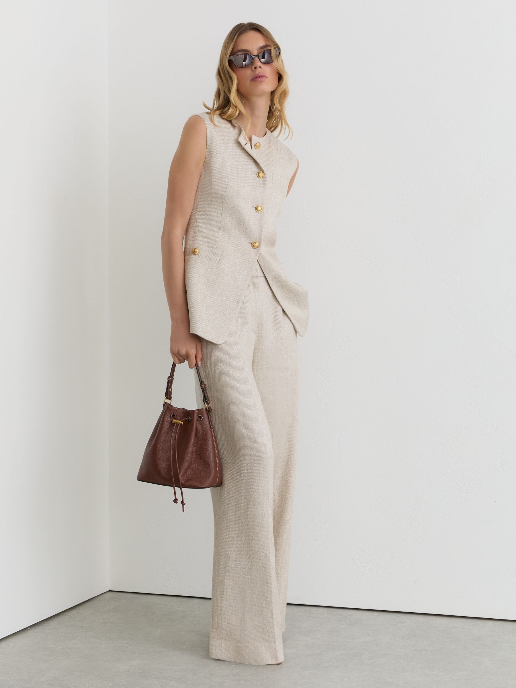 Linen-Blend Textured Long-Line Waistcoat in Neutral - Size 4