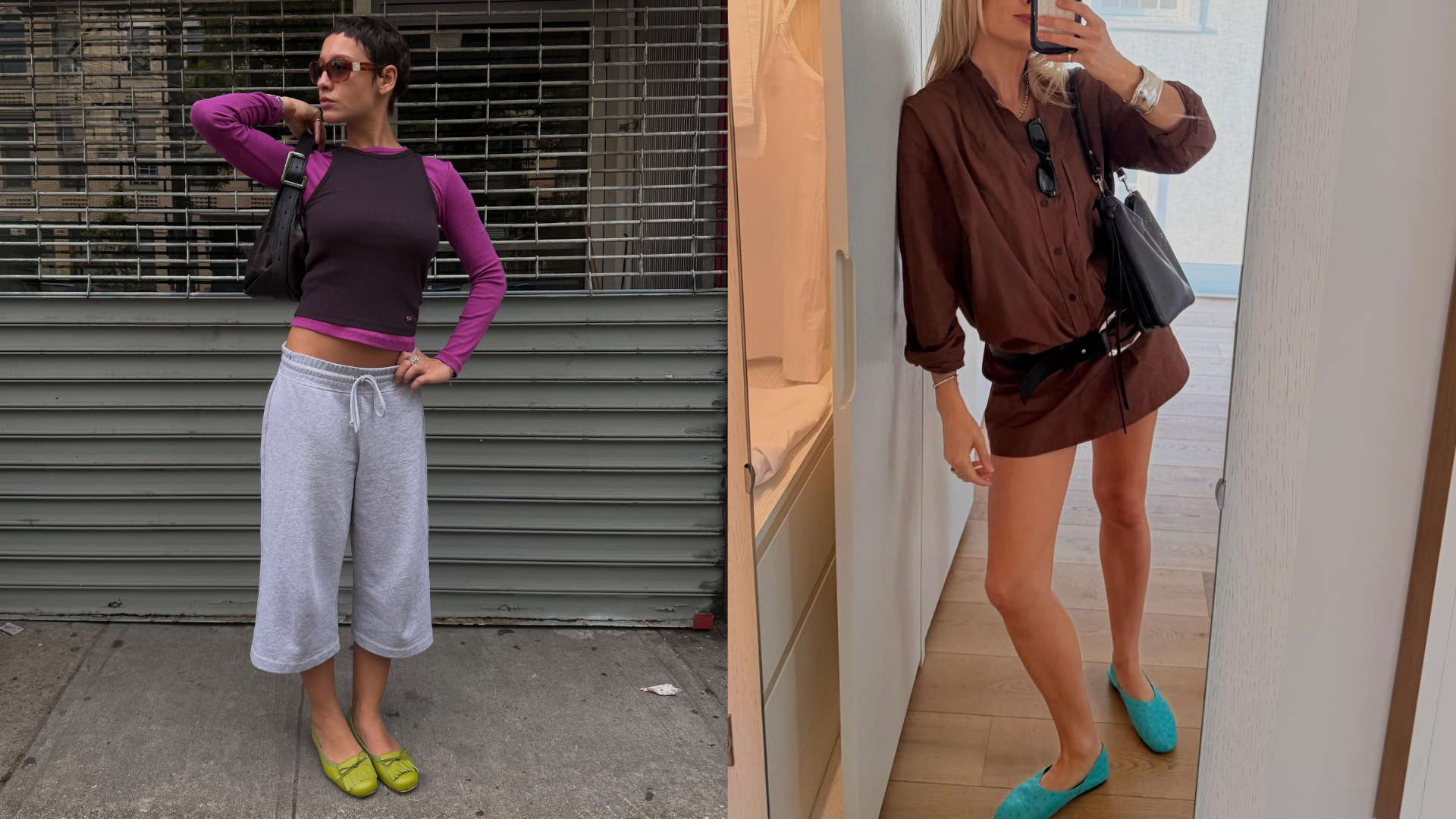 Collage of women wearing non-black ballet flats for summer 2026.