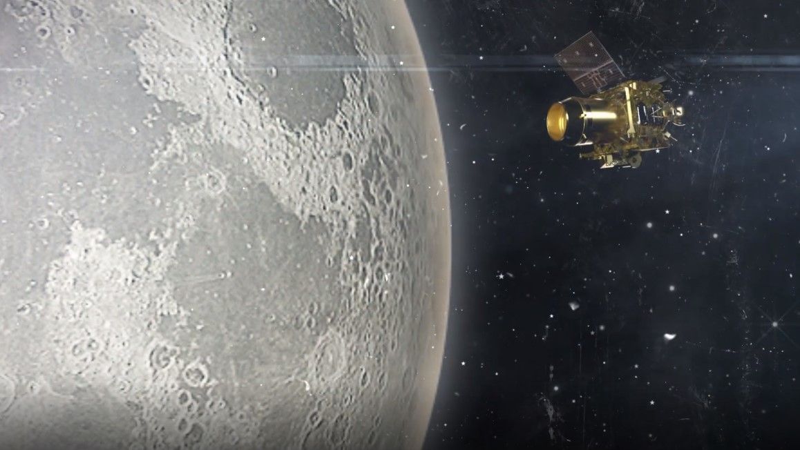 An artist&#039;s depiction of the Chandrayaan-2 orbiter studying the moon.