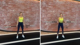 Trainer Sarah Lindsay demonstrates two positions of the Olympic barbell curl