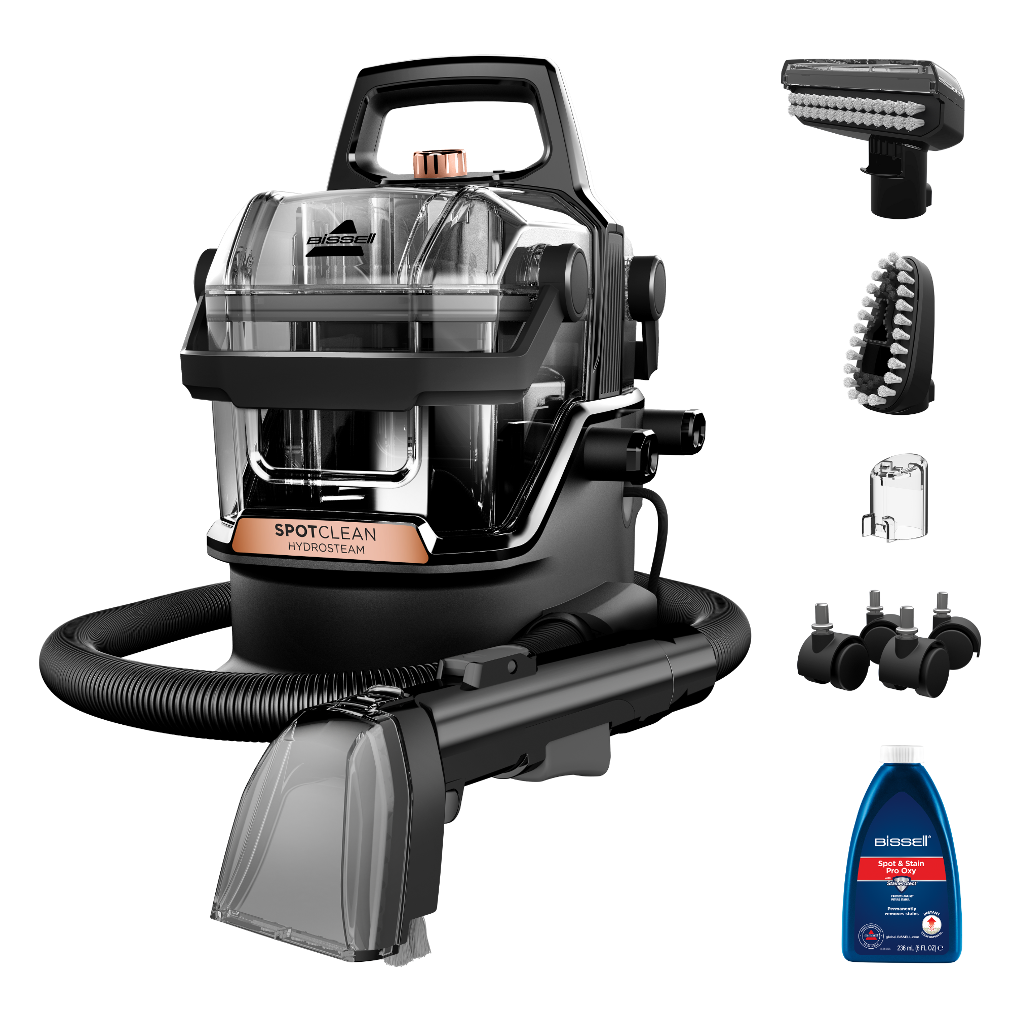 flat lay of Bissell SpotClean HydroSteam with accessories