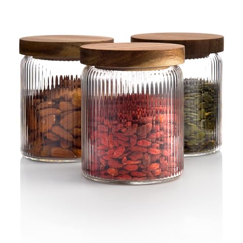 Mason &amp;amp; Fable Ribbed Glass Jar With Wooden Lid 500ml Set of 3 | Airtight Glass Storage Canister for Food, Pasta, Coffee, Dog Treats, Snacks | Container for Home &amp;amp; Kitchen