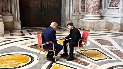 Presidents Donald Trump and Volodymyr Zelenskyy huddle at the Vatican during Pope Francis' funeral