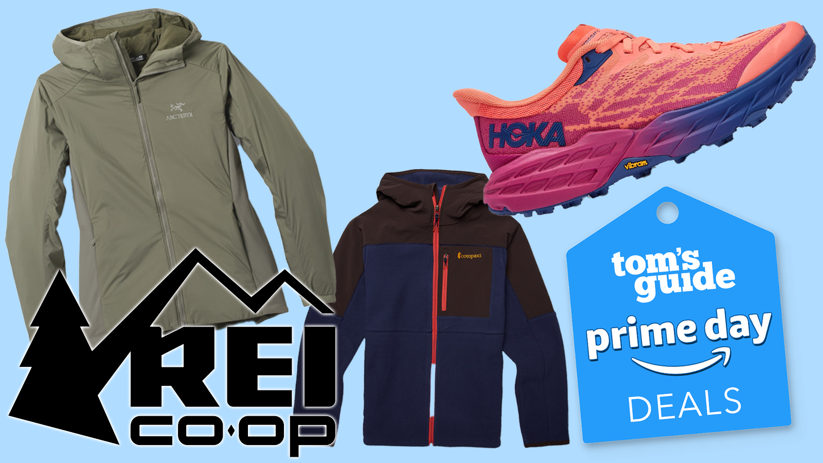 three outdoor apparel items on sale for Prime day against a blue background