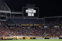ORLANDO, FLORIDA - JUNE 24: A Powerade Hydration break is displayed on the screen during the FIFA Club World Cup 2025 group D match between Los Angeles Football Club and CR Flamengo at Camping World Stadium on June 24, 2025 in Orlando, Florida. (Photo by Catherine Ivill - AMA/Getty Images)