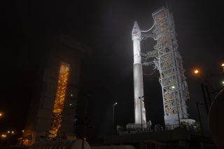 The United Launch Alliance Atlas V rocket carrying NASA's InSight Mars lander stands atop its launchpad at Vandenberg Air Force Base in California ahead of its planned May 5, 2018 launch to the Red Planet.