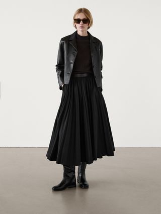 Massimo Dutti, Pleated Skirt With Leather Detail