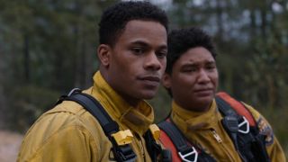 Jake and Eve right after they got off the rock wall in Episode 6 of Fire Country.